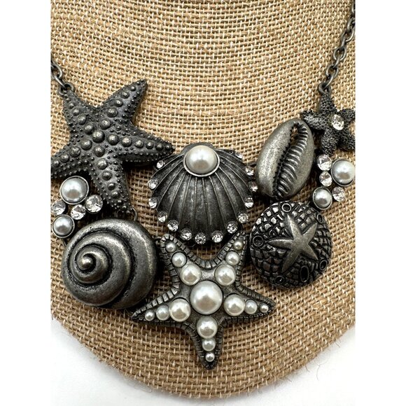 Cookie Lee Boho Shell Statement Necklace Chunky Starfish Pearls Rhinestones - Picture 2 of 6